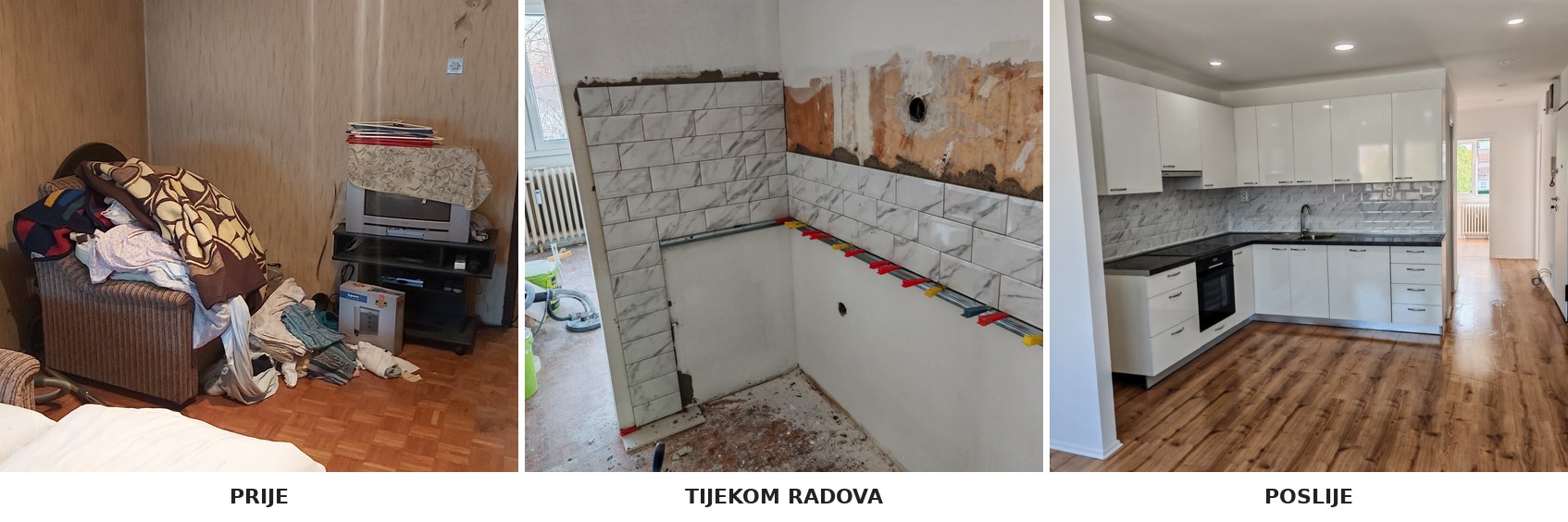 Adaptacija kuhinje u Utrinama – prije radova, postavljanje keramike i završena kuhinja | Adaptacije d.o.o.